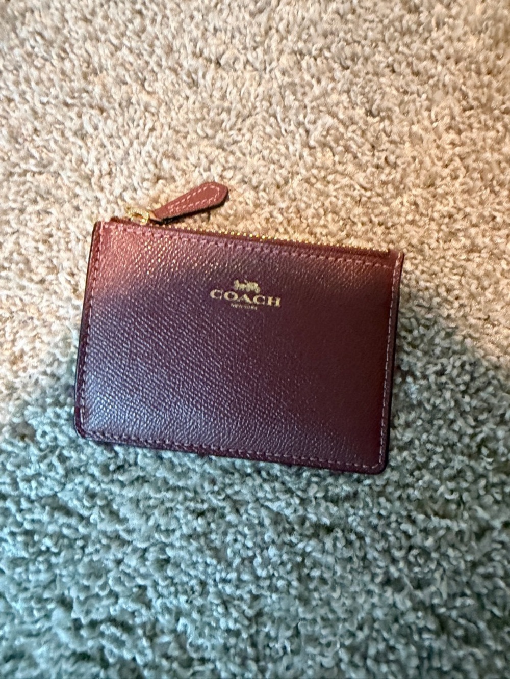 Coach Wine Leather Zip Card Case with Gold Hardware